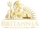 Logo of Britannia Gold Exchange with a gold-colored figure holding a trident on a white background